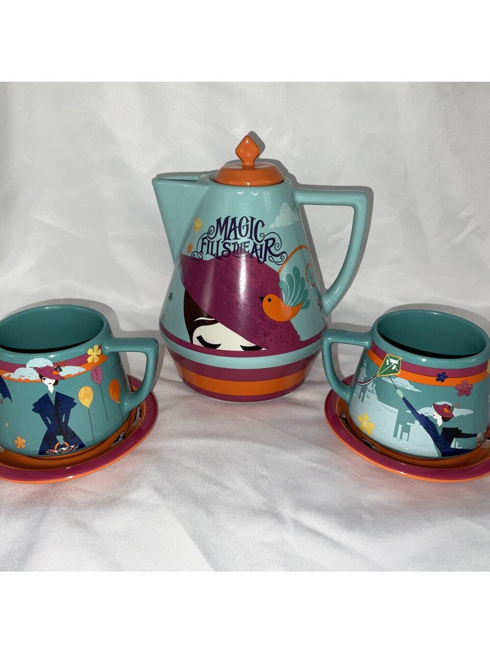 DISNEY MARY POPPINS MAGIC FILLS THE AIR BLUE ORANGE MCM TEA SET
